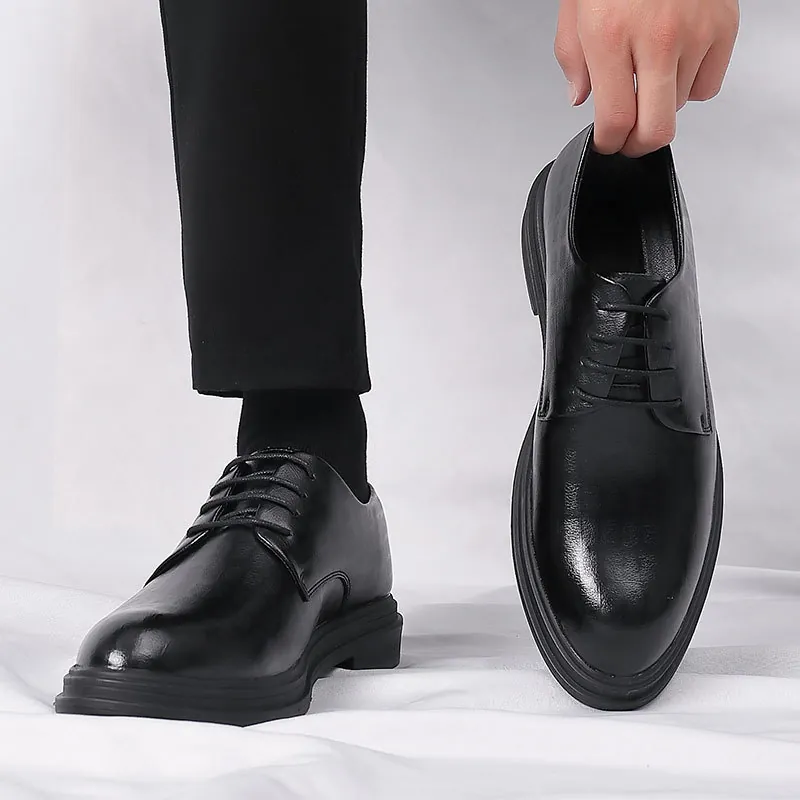 Men Business Formal Leather Shoes Height Increasing Dress Shoes Fleece Lined Breathable Wedding Groom Footwear Black