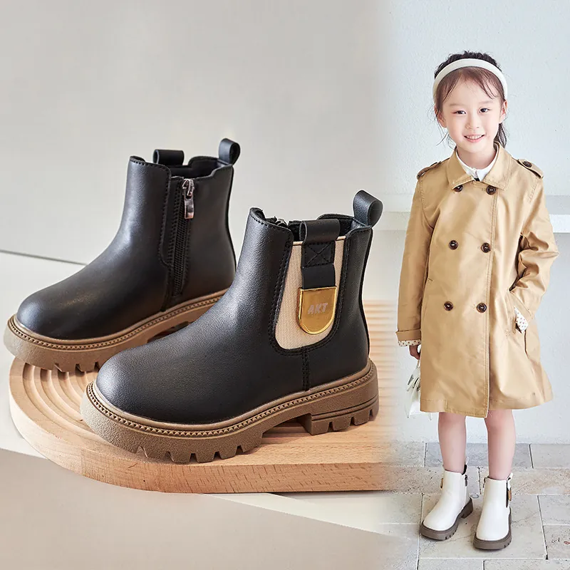 Children Martin Boots British Style Thick Sole Ankle Boots For Boys Girls Fashion Autumn Winter Side Zipper Synthetic Leather Shoes