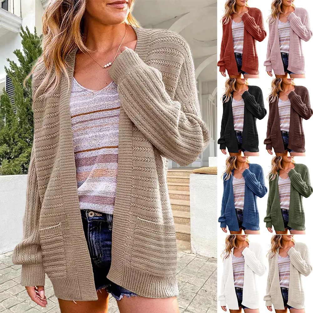 Women's Hollow Out Knit Cardigan Elegant Lantern Sleeve Cable Knit Solid Color Open Front Mid-Length Sweater Coat Top