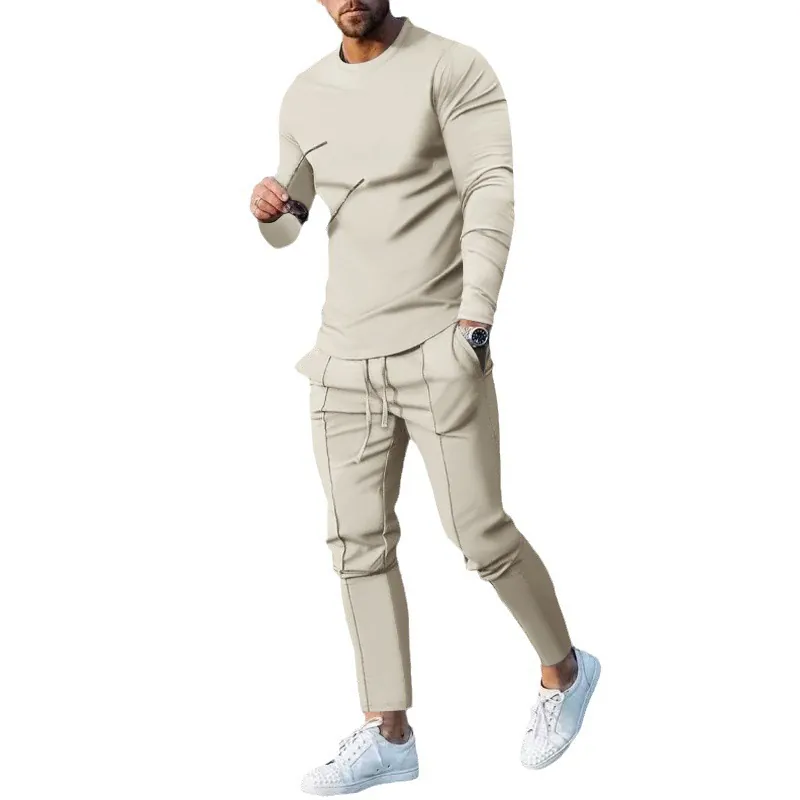 Men's Casual Autumn Tracksuit Set Long Sleeve Crew Neck T-Shirt And Drawstring Long Pants Loose Fit Sportswear Two Piece Set