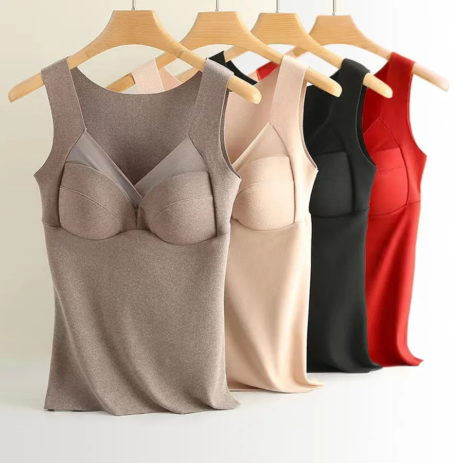 Women Seamless Dralon Thermal Vest With Integrated Bra Pads Fleece Lined Heat Innerwear Top For Autumn Winter