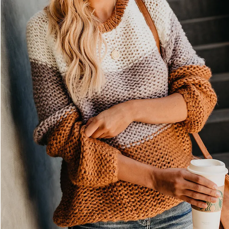 Women's Striped Color Block Knit Sweater Casual Crew Neck Long Sleeve Pullover Top Autumn Winter Fashion Clothing
