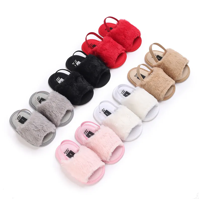 Neugeborene Baby Pelzige Sandalen Weiche Sohle Prinzessin Lauflernschuhe Sommer Kunstfell Slides Für Kleinkinder