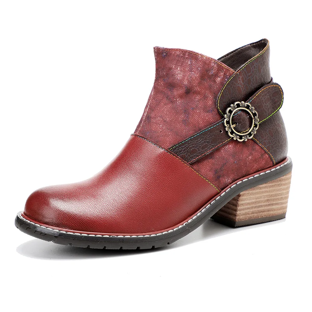 Vintage Damen Lammfell Leder Stiefeletten Bohemian Farbblock Blumenmuster Blockabsatz Reißverschluss Kurze Stiefel Für Den Alltag