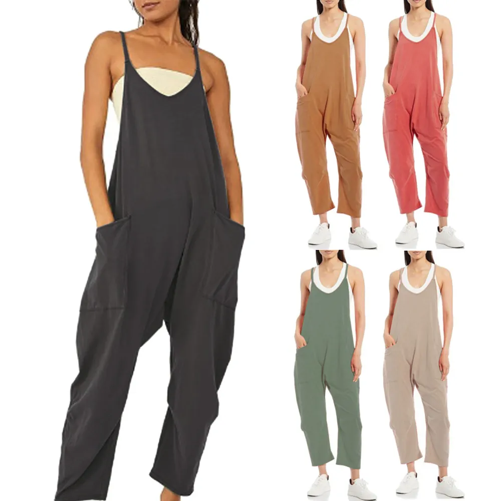 Women's Casual Oversized Solid Color Jumpsuit Sleeveless V-Neck Top And Bottom With Patch Pockets Streetwear Fashion Cami Jumpsuit