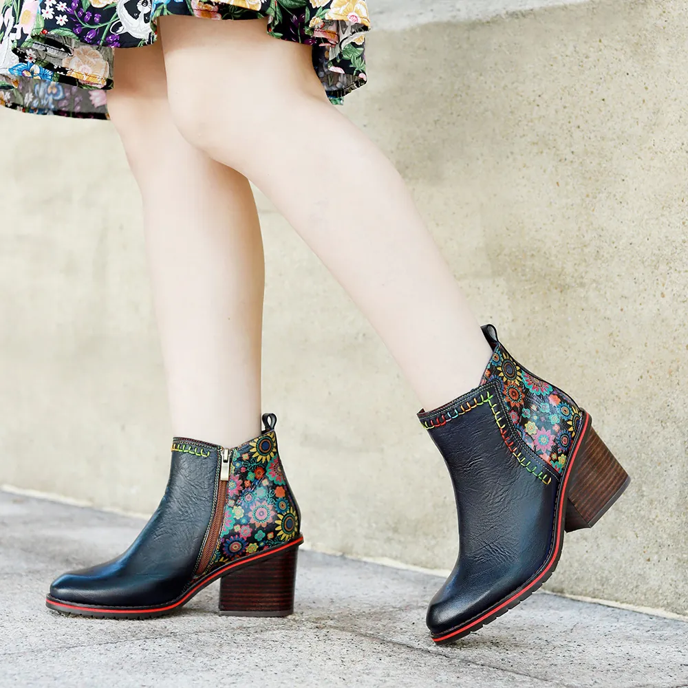 Handmade Distressed Sheepskin Retro Patchwork Block Heel Ankle Boots For Women Floral Print Ethnic Style Bohemian Boots