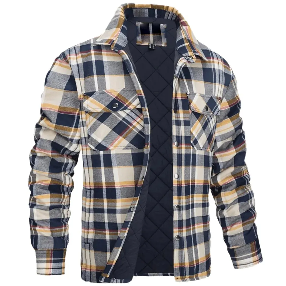 Veste Chemise à Carreaux Décontractée pour Hommes Manches Longues Col Rabattu Boutonné Matelassé Streetwear