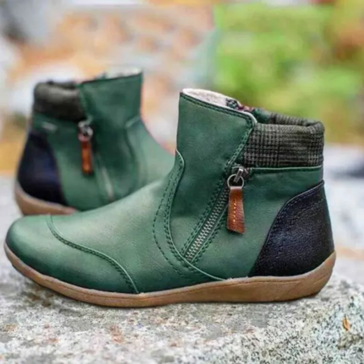 Women Casual PU Leather Side Zipper Martin Ankle Boots Plaid Stitching Warm Flat Bottom Non-Slip Winter Outdoor Short Boots