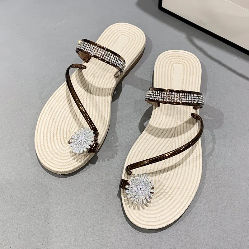 Women Rhinestone Flower Flat Sandals Fairy Style Toe Loop Slides Roman Summer Casual Beach Slippers With Rubber Sole