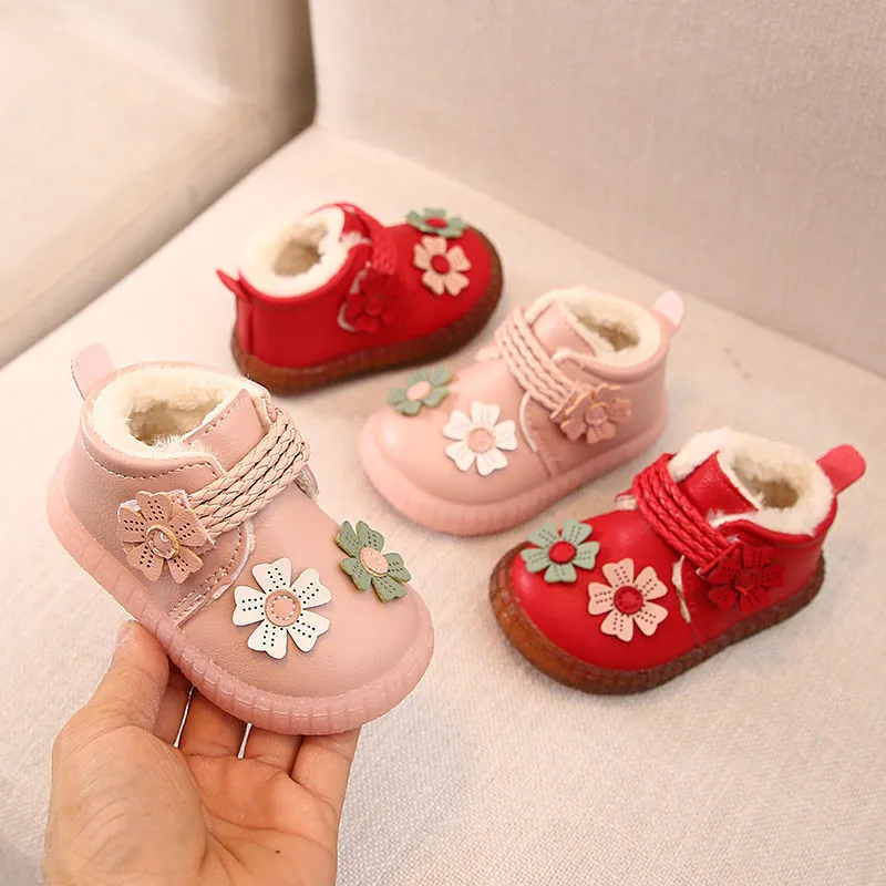 Baby Mädchen Winter Schneeschuhe 3D Blume Warm Plüsch Kleinkind Lauflernschuhe PU Leder Weiche Sohle Rutschfeste Prinzessin Schuhe