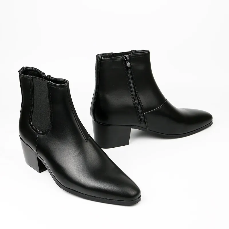 Men's High Heel Chelsea Boots Fashion Square Toe Side Zipper Block Heel Short Boots Height Increasing Casual Men Boots