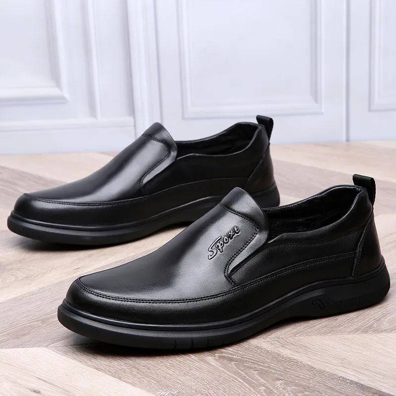 Heren Echt Koeienhuid Leer Casual Schoenen Comfortabele Instapper Zachte Zakelijke Kantoorschoenen Voor Middelbare Leeftijd Papa Schoenen Zwart