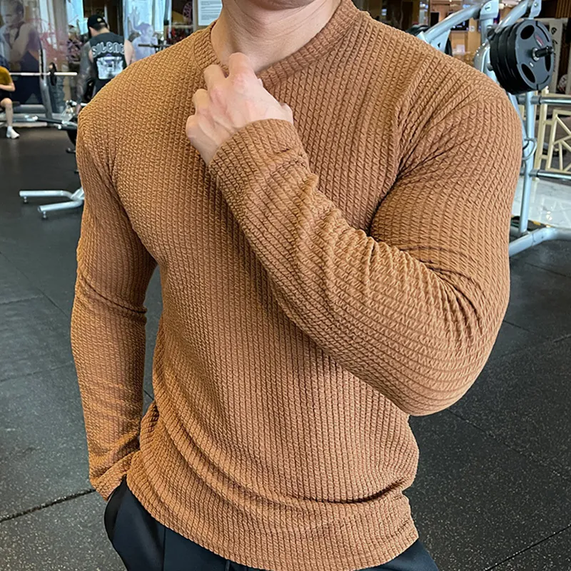 Jersey de Punto de Gofre Casual de Algodón para Hombre de Manga Larga Color Sólido Cuello Redondo para Otoño Invierno