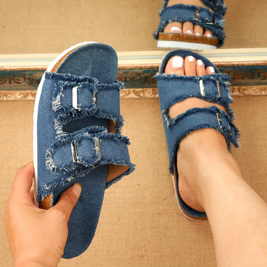 Women's Casual Canvas Flat Slides With Double Metal Buckles Fringed Edges Summer Outdoor Slip-On Sandals Beach Shoes