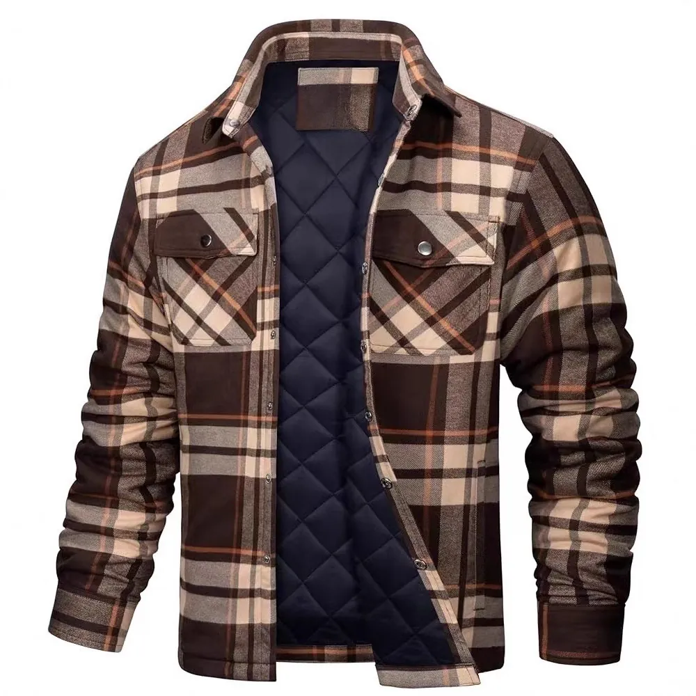 Men Casual Plaid Padded Jacket Long Sleeve Lapel Button Up Outerwear Winter Warm Checkered Top For Men Clothing