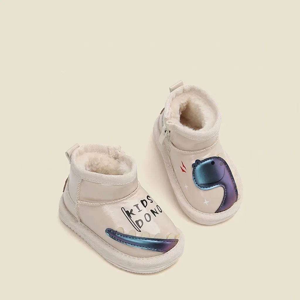 Botas de Nieve de Dinosaurio de Dibujos Animados para Niños Zapatos de Invierno Cálidos con Forro de Vellón Cuero de Microfibra Antideslizante Cremallera