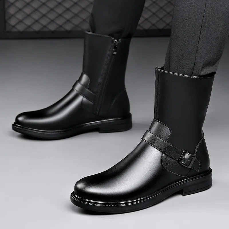 Men's Winter High Top Martin Boots Microfiber Leather Fleece Lined Side Zipper Knight Motorcycle Boots Casual Non-Slip Shoes