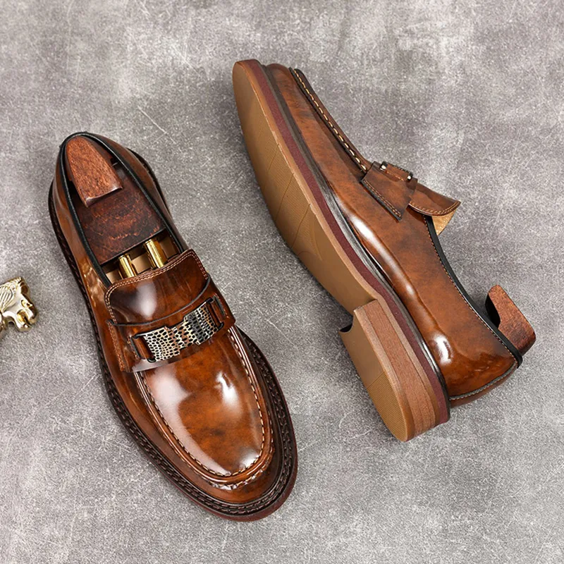 Ανδρικά Δερμάτινα Μοκασίνια Business Casual Βρετανικού Στυλ Γυαλισμένο Δέρμα Βοδιού Slip-on Παπούτσια Με Μεταλλική Αγκράφα Σόλα από Καουτσούκ Παπούτσια Γραφείου