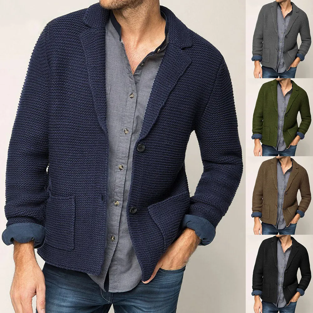 Chaqueta de Punto con Solapa para Hombre Cárdigan de Acrílico de Punto Grueso Casual de Negocios Color Sólido Manga Larga