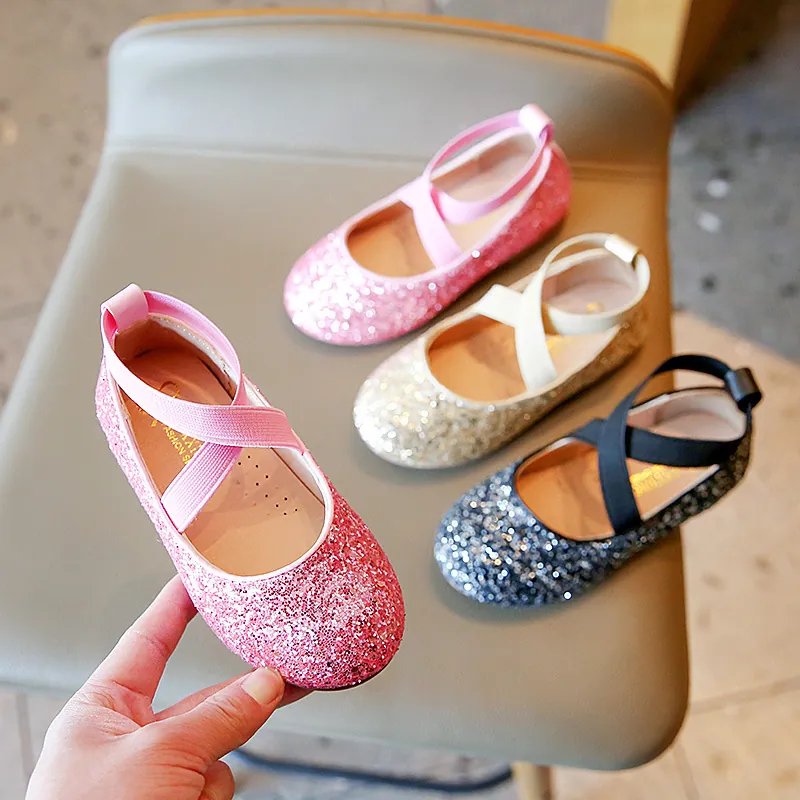 Girls Sequin Princess Shoes Shiny Cross Strap Ballet Flats Kids Performance Dance Shoes Toddler Sparkly Dress Shoes
