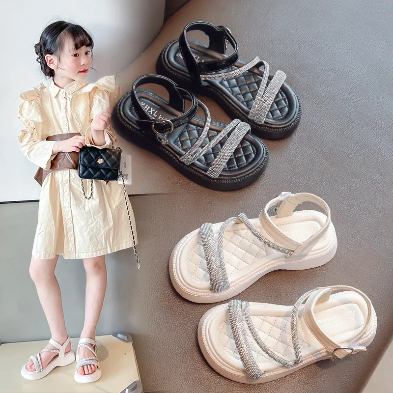Little Girls Fashion Roman Sandals Summer Rhinestone Strappy Open Toe Beach Shoes Soft Sole Casual Sandals For Middle Big Kids