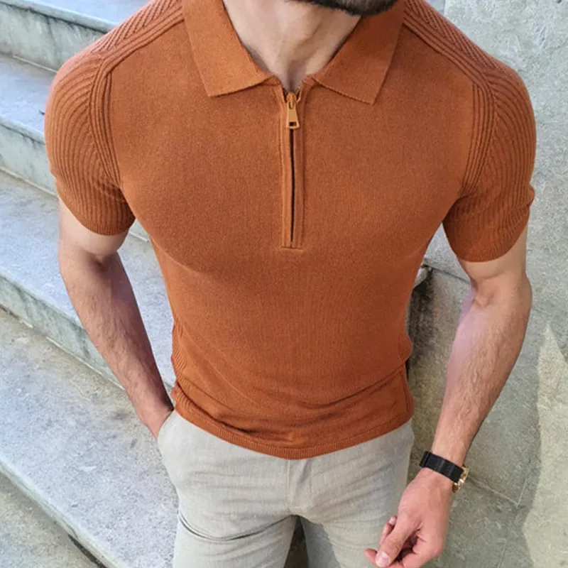 Men Slim Fit Knit Polo Shirt Short Sleeve Zipper Front Polyester Knitted Top Casual Breathable Summer Fashion Men Clothing