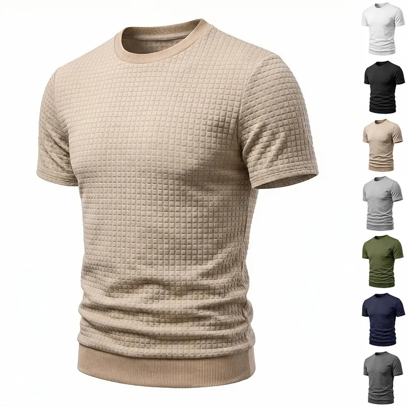 Herren Vintage Casual Rundhals Kurzarm T-Shirt Polyester Jacquard Kariert Waffeltextur Old Money Style Top