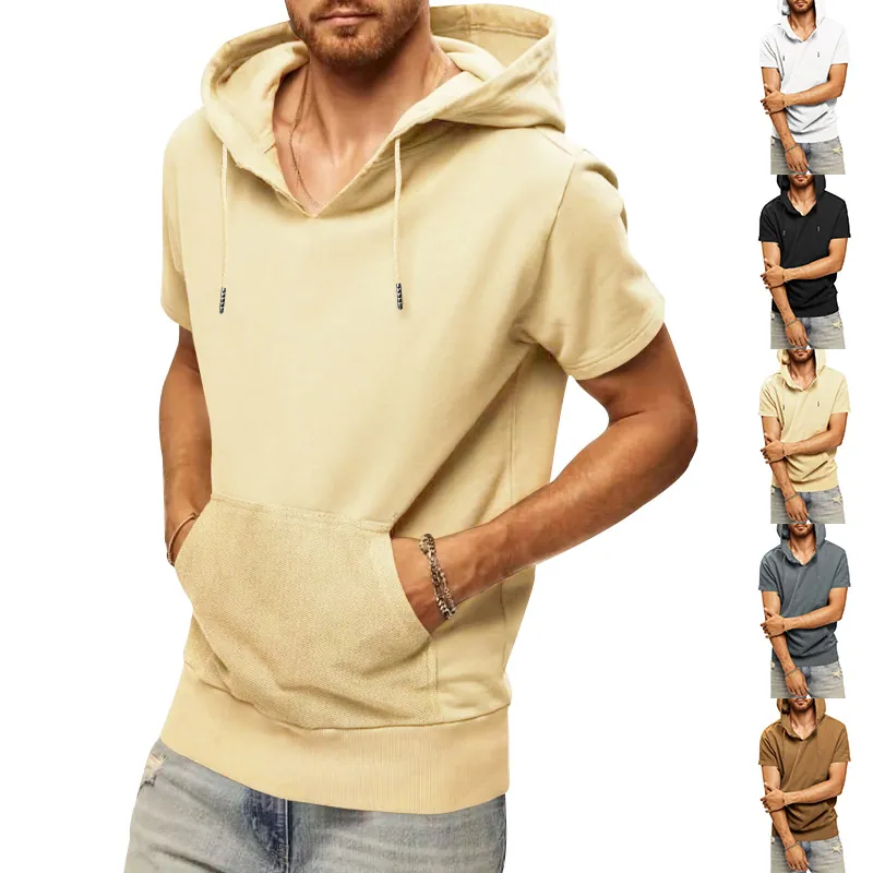 Gilet à Capuche sans Manches pour Hommes Été Décontracté Sport Coupe Ample Pullover Top Avec Poche Kangourou Couleur Unie