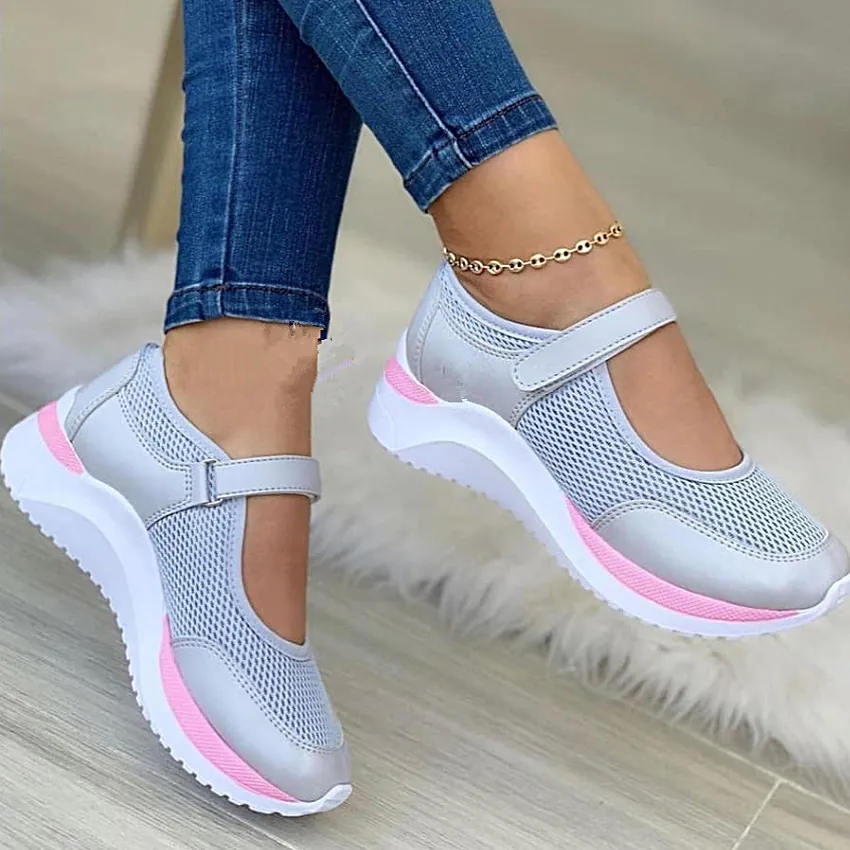 Women Casual Canvas Mesh Knit Mary Jane Sneakers Breathable Velcro Platform Walking Shoes Round Toe Comfortable Outdoor Ladies Footwear
