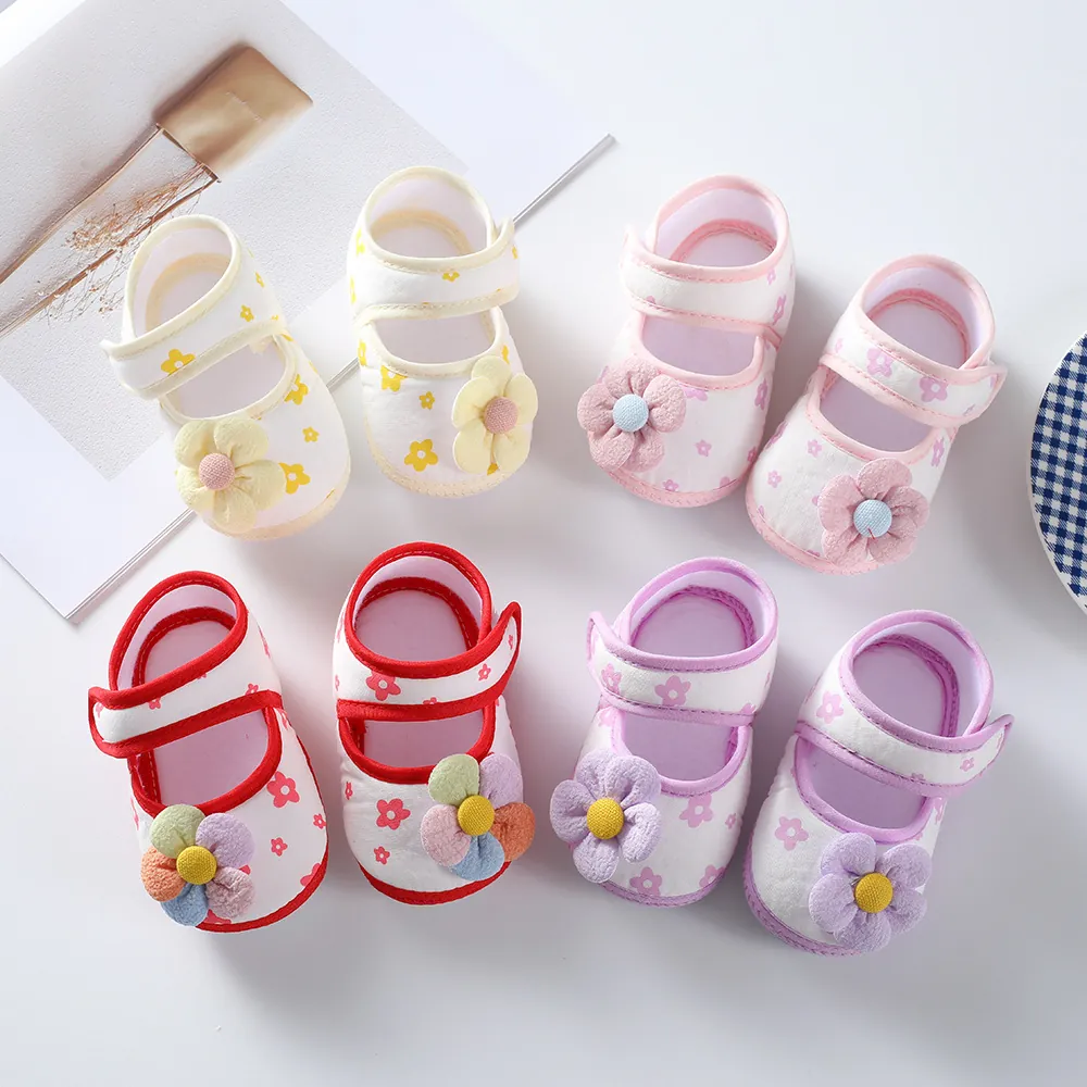 Baby Girls Soft Sole Princess Shoes Floral Print Toddler Walking Shoes With 3D Cloth Flower For 0-1 Year Old Newborn Infant