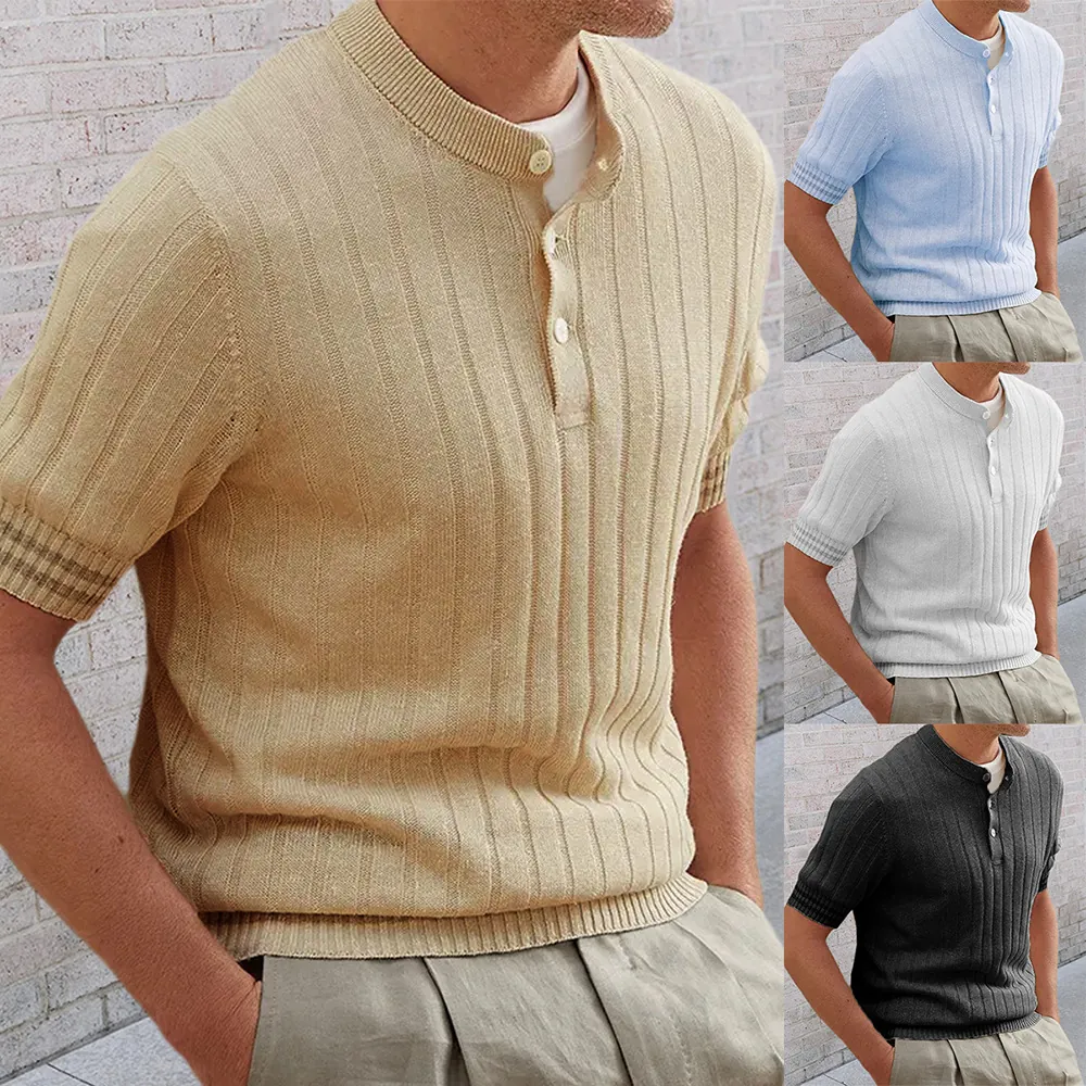 Herren Strick Polo-Shirt Slim Fit Kurzarm Henley-Ausschnitt Vertikale Rippen Business Casual Strickoberteil