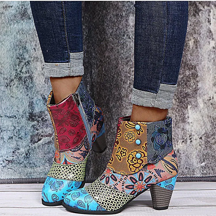 Vintage Bohemien Damen Splicing Stiefeletten Color Block Blumen Geprägt Blockabsatz Martin Stiefel Seitenreißverschluss Lässig Winter Schuhe