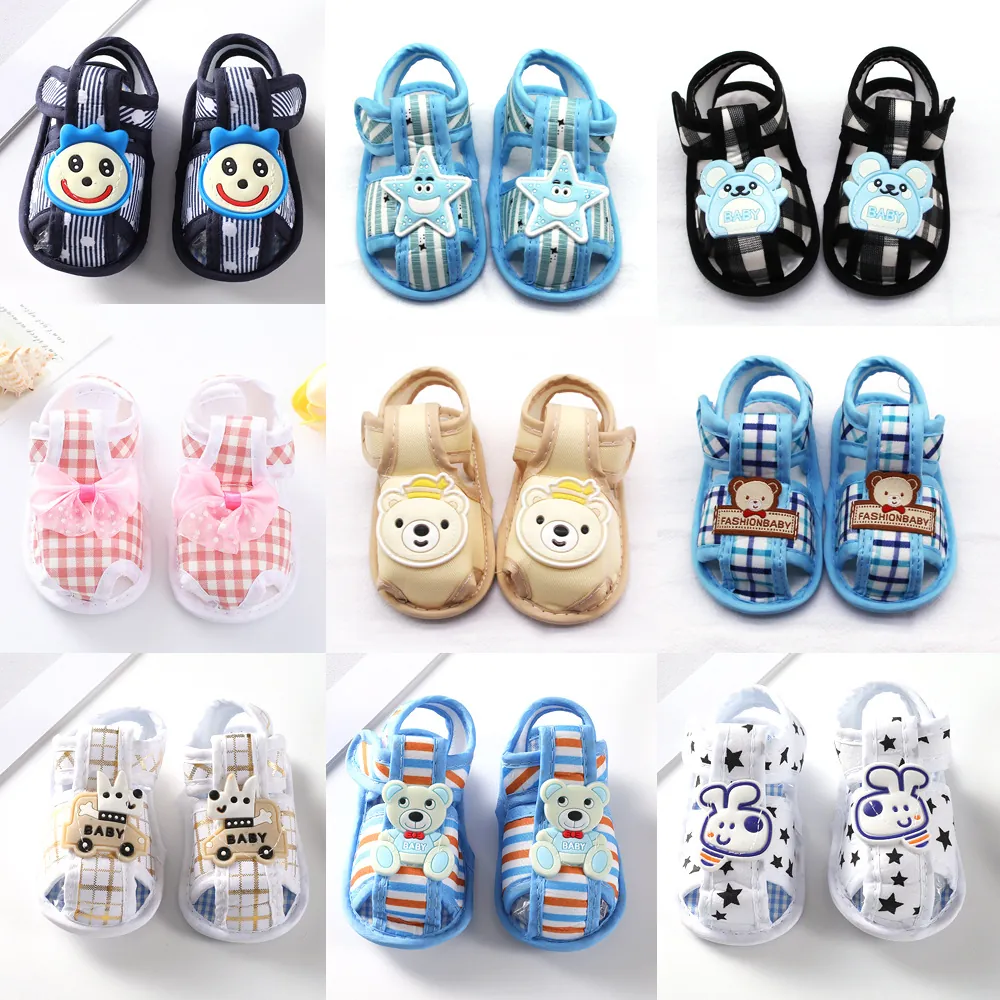 Summer Baby First Walker Sandals Soft Cotton Breathable Anti-slip Infant Newborn Shoes With Cartoon Star Smiley Patterns