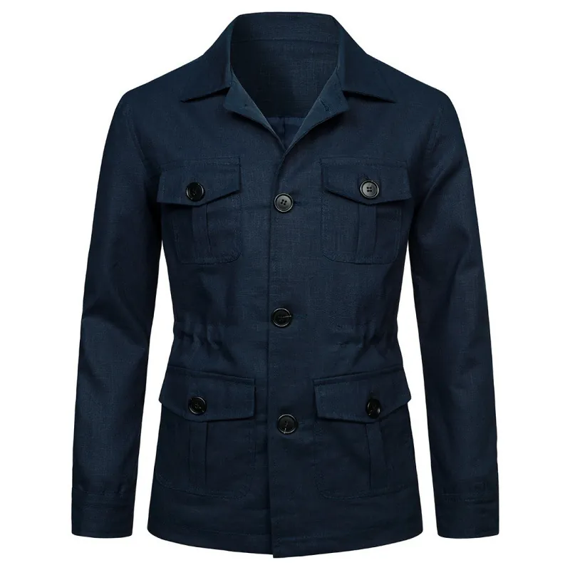 Men Vintage Linen Multi-Pocket Workwear Jacket British Style Casual Lapel Top Single Breasted Work Safari Outerwear Jacket