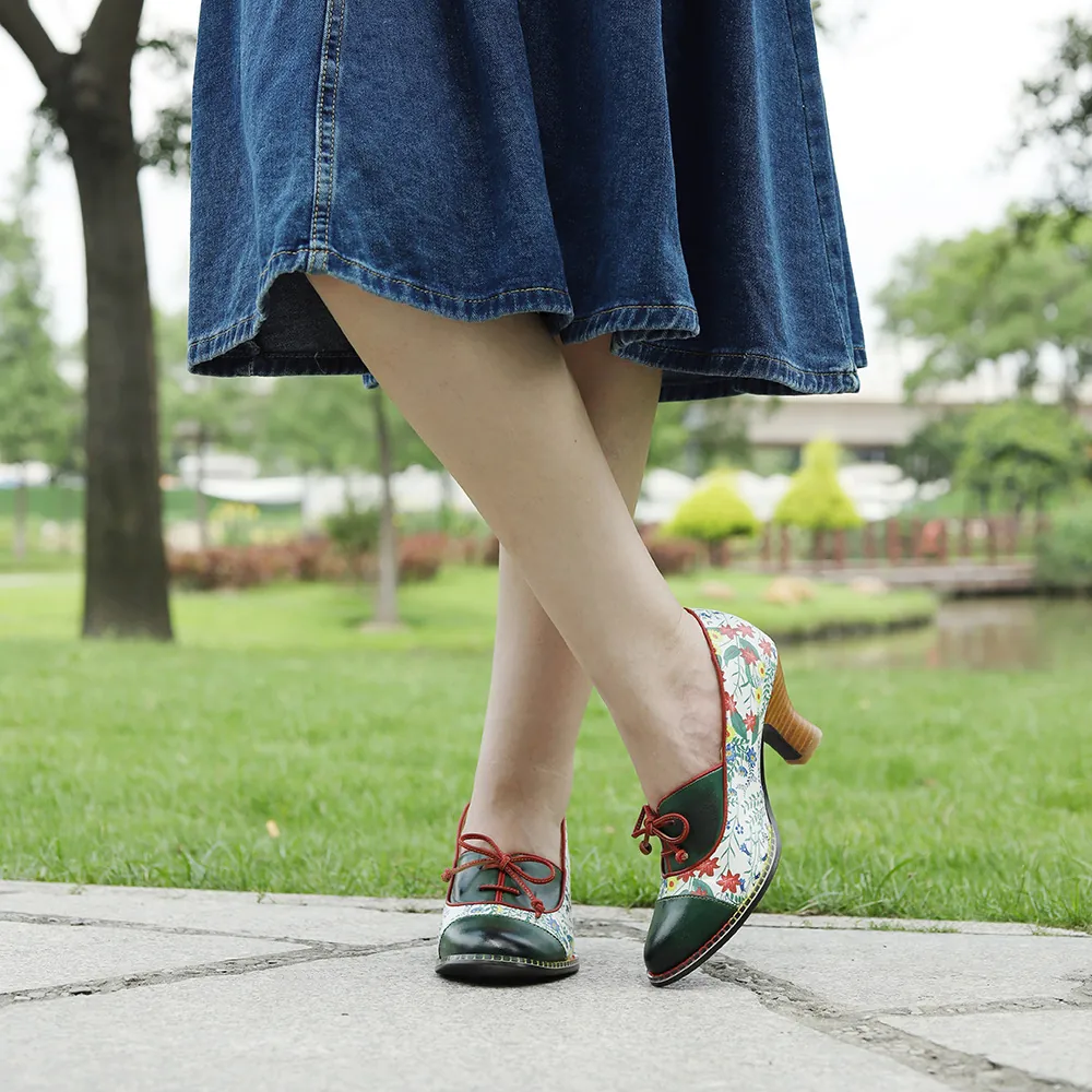 Retro Pastoral Style Women High Heel Pumps Floral Patchwork Sheepskin Dress Shoes Wine Glass Heel Office Party Footwear
