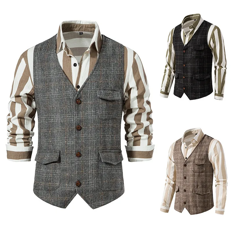 Gilet Vintage en Tweed à Carreaux pour Hommes Coton Col en V Simple Boutonnage Décontracté Business Costume Gilet Haut