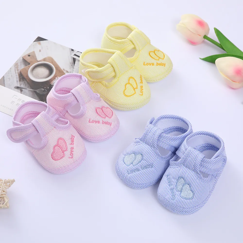 Striped Baby First Walker Shoes Soft Sole Infant Toddler Heart Embroidered Hook Loop Casual Pre-Walking Shoes Boys Girls