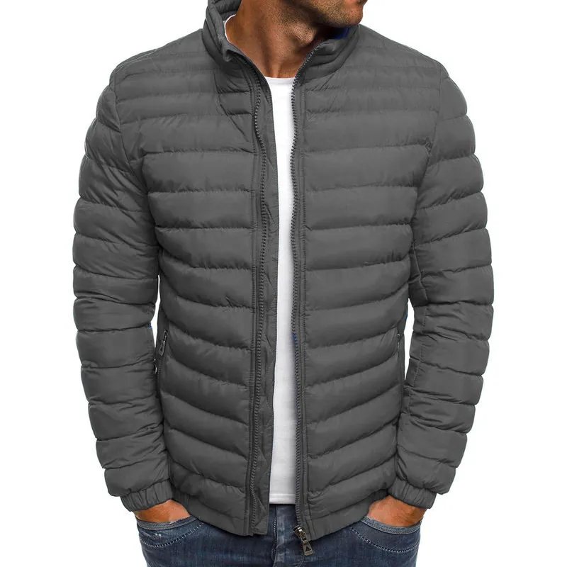 Men's Winter Solid Color Stand Collar Padded Jacket Lightweight Quilted Buffer Outerwear Casual Warm Windproof Coat Top