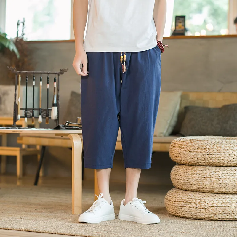 Men Chinese Style Linen Harem Pants Capri Casual Loose Summer Retro Breathable Tassel Drawstring Bottoms