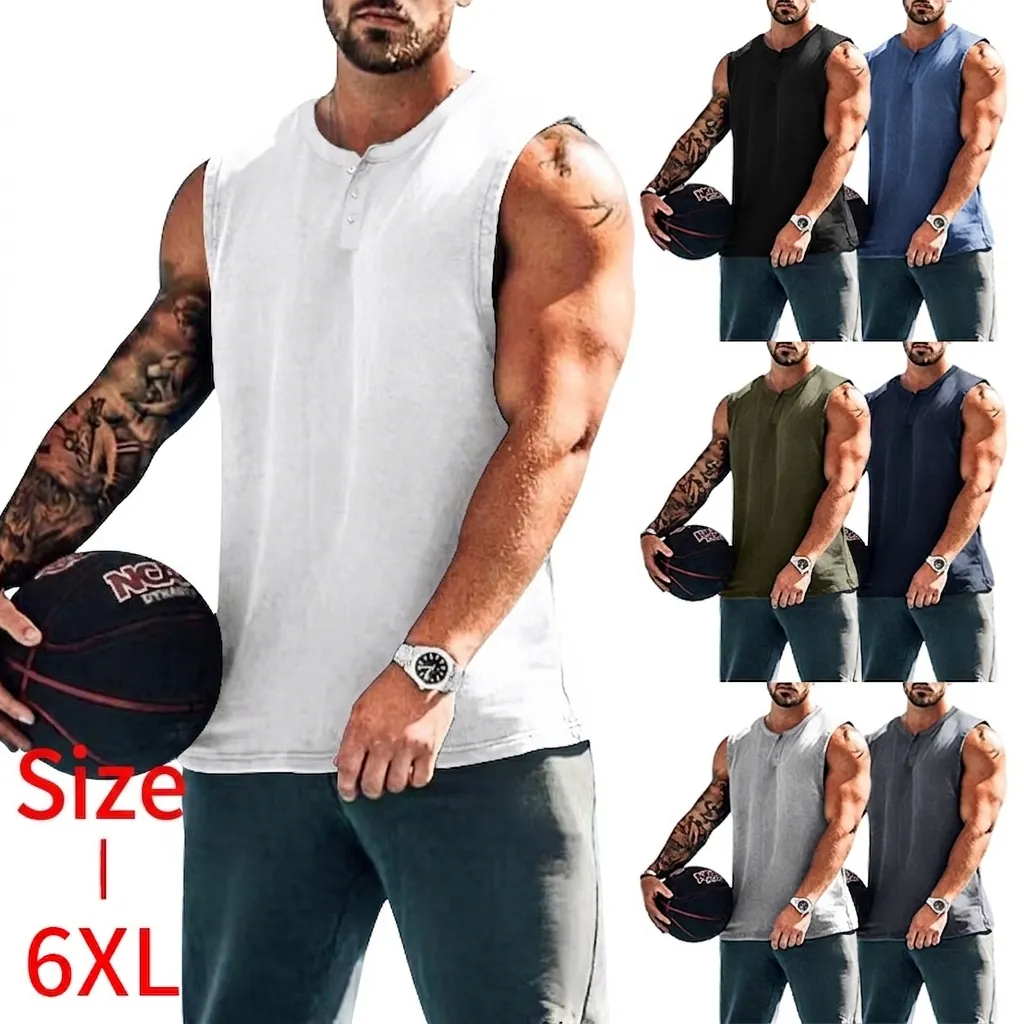 Camiseta de Baloncesto para Hombre Color Sólido Henley Camiseta sin Mangas Corte Holgado Deportivo Gimnasio Verano Chaleco