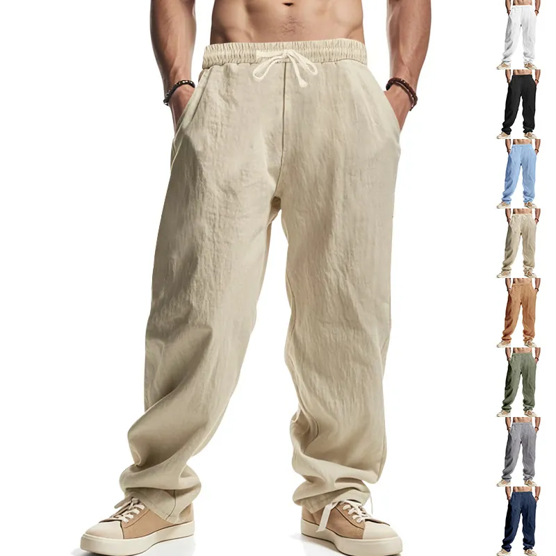 Men's Casual Linen Blend Trousers Summer Thin Solid Color Loose Fit Straight Leg Drawstring Beach Pants Bottom