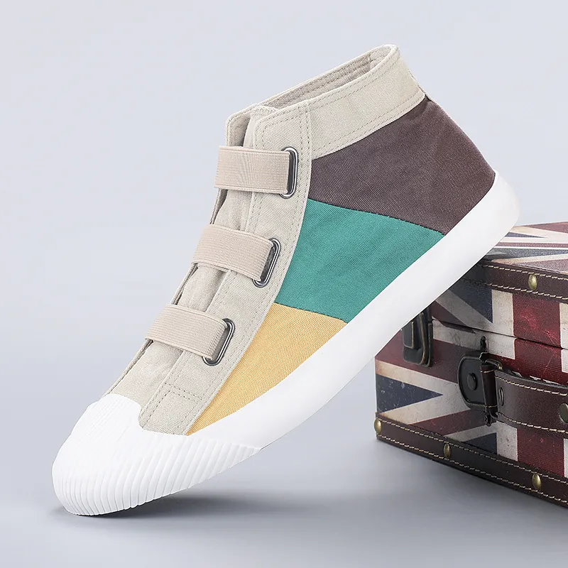 Women High Top Canvas Shoes Color Blocked Hook And Loop Breathable Vulcanized Rubber Sole Casual Board Shoes Sneakers