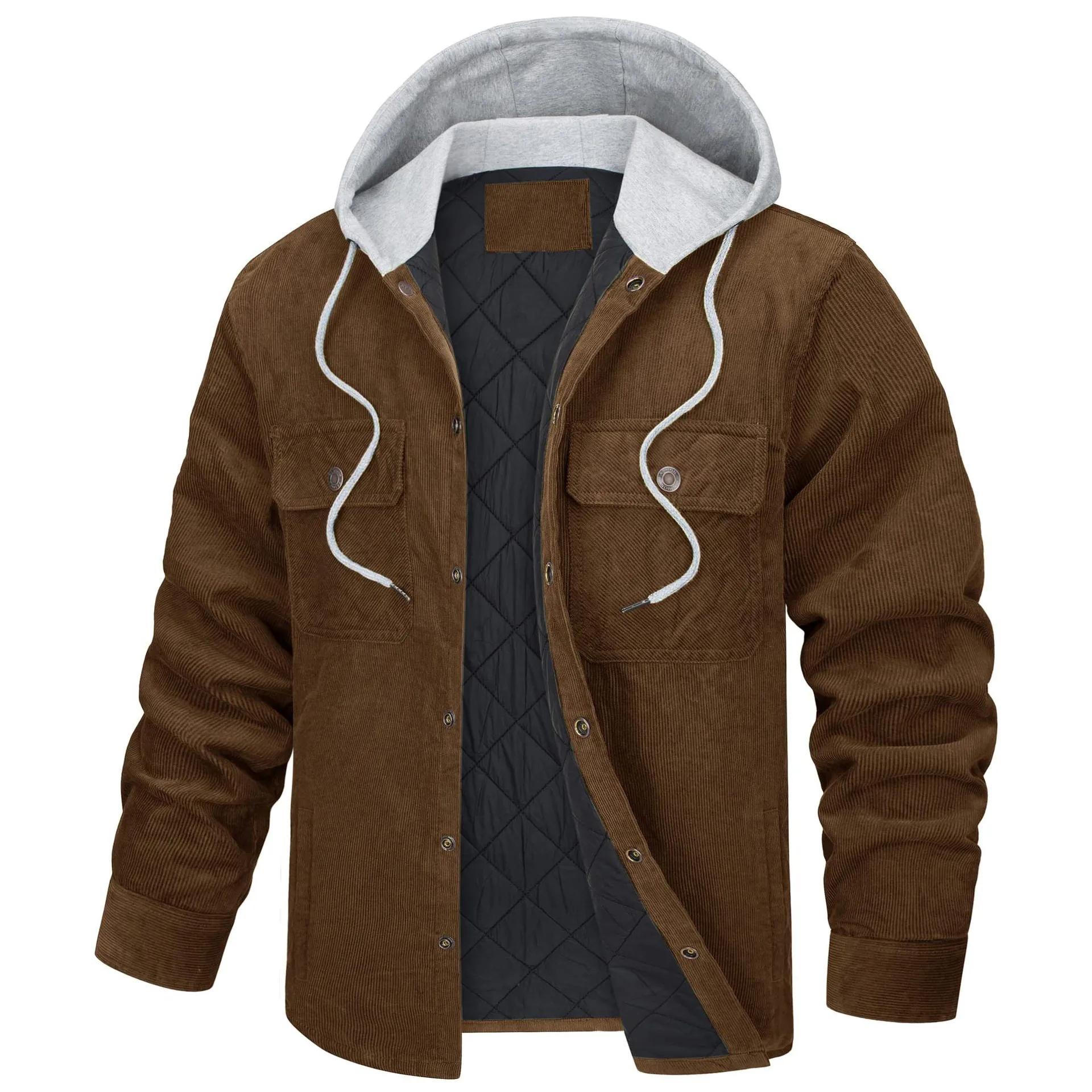 Men Corduroy Hooded Padded Jacket Winter Thick Warm Quilted Coat Multi-pocket Workwear Style Outerwear Top For Men