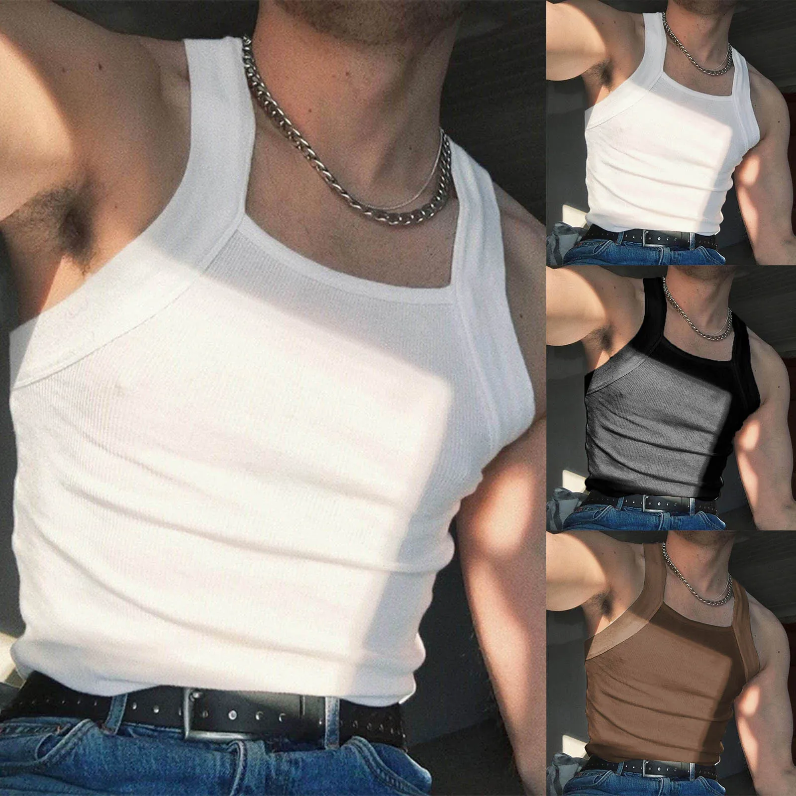 Men Sexy Slim Fit Tank Top Ribbed Knitted Square Neck Sleeveless Undershirt Wide Strap Polyester Vest Solid Color Body Shaper