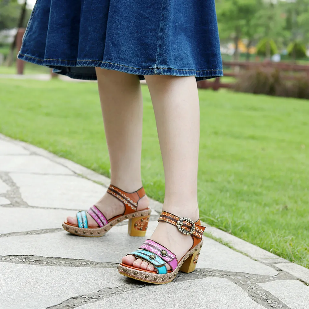 Boheemse Vintage Schapenvacht Echt Leren Sandalen Voor Dames Handgekleurd Klinknagels Blokhak Etnische Kleurblok Zomer Sandalen