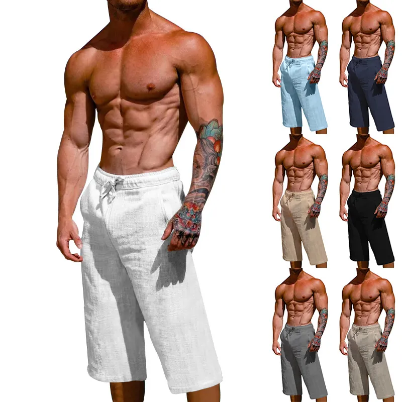 Men Casual Linen Cotton Blend Capri Pants Summer Loose Breathable Sport Shorts Solid Color Drawstring Elastic Waist Bottoms