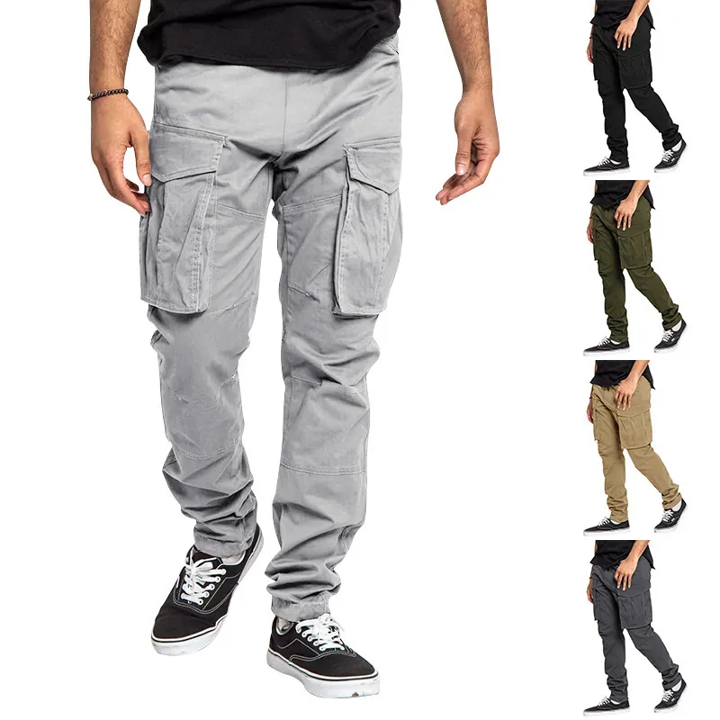 Pantalon Cargo Décontracté Japonais pour Hommes Jambe Droite Ample Multi-Poches Cordon de Serrage Pantalon de Travail Taille Haute Couleur Unie