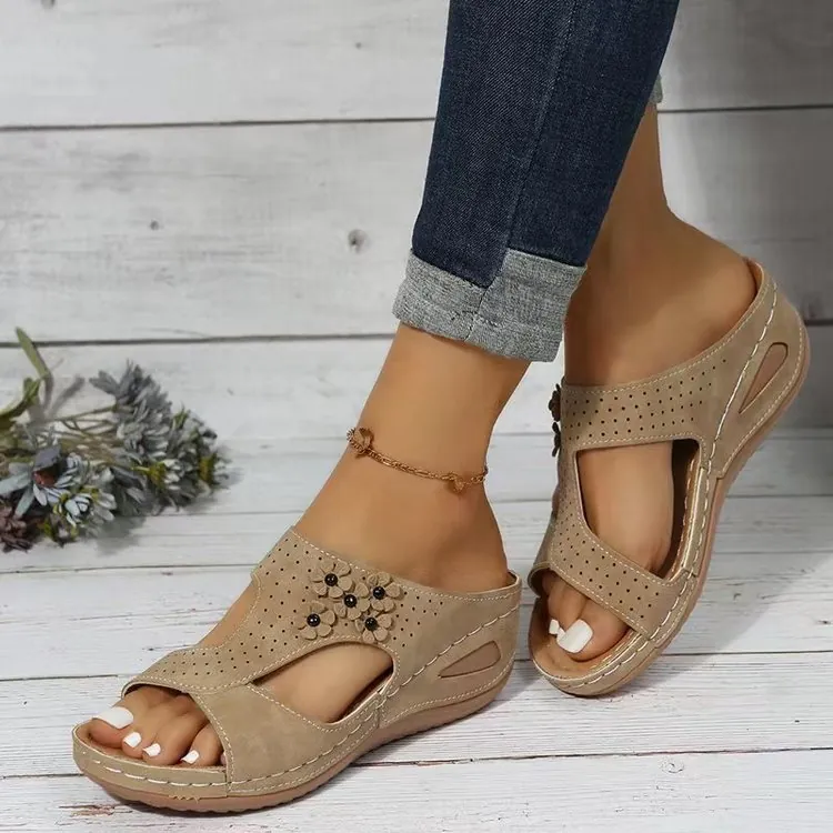 Women Casual Wedge Sandals Regenerated Leather Platform Floral Roman Shoes Hollow Laser Cut Out Summer Beach Walking Slides