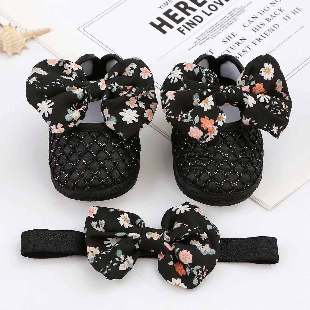 Säugling Baby Mädchen Prinzessin Schuhe Und Stirnband Set Weiche Sohle Lauflernschuhe Blumen Schleife Netz Atmungsaktiv Neugeborenen Kleinkind Geschenk