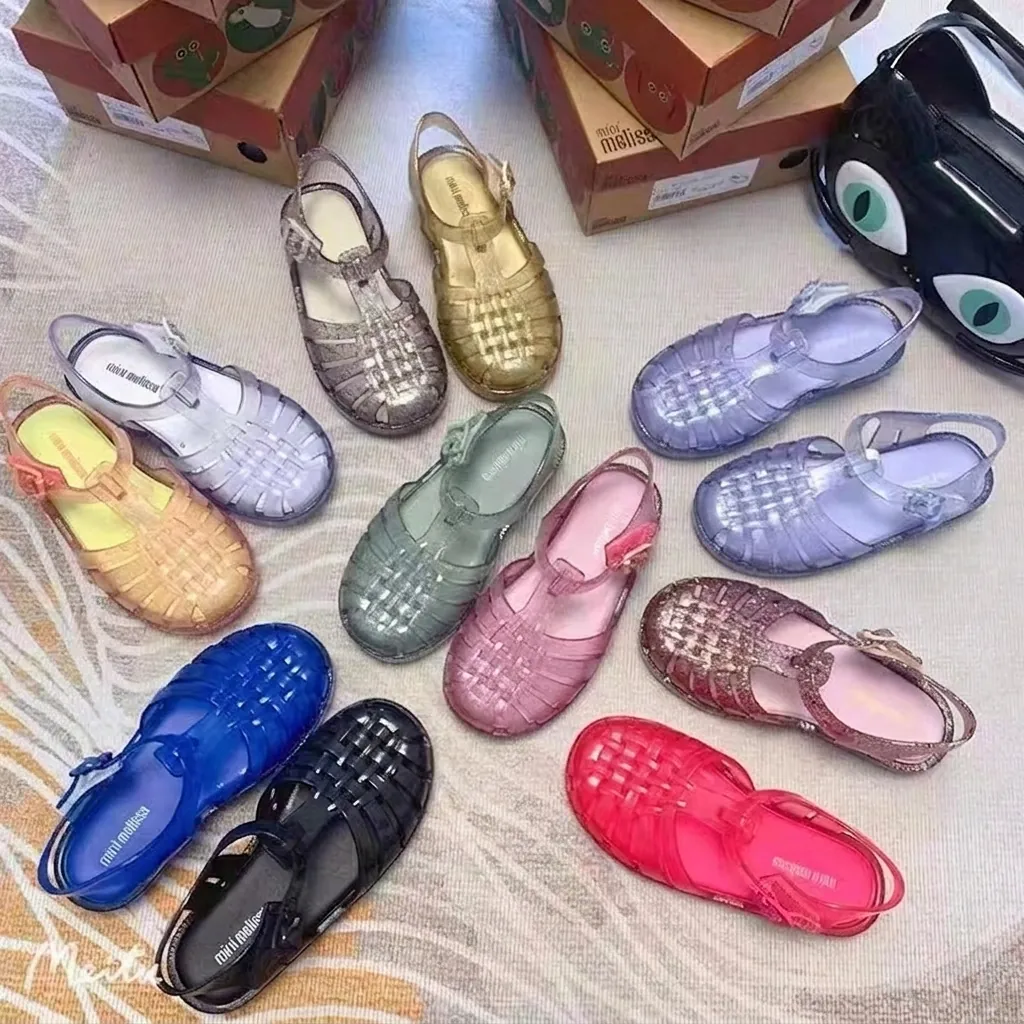 Kinder Gewebte Hohle Gelee Sandalen Römischer Stil PVC Strand Schuhe Für Mädchen Atmungsaktiv Wasserdicht Rutschfest Sommer Outdoor Flache Sandalen